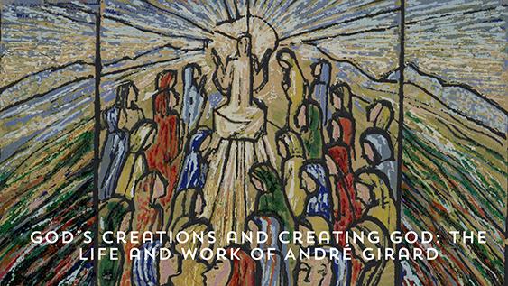 Title logo for the exhibit, with title in white text over a painting of the Annunciation by Andre Girard